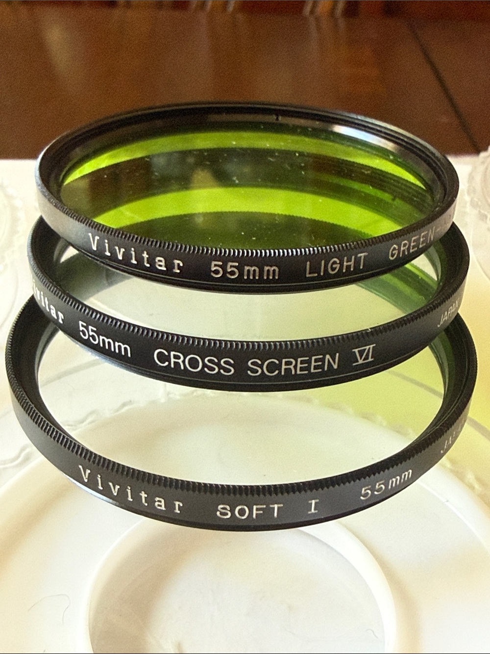 Lot of 3 Vivitar Camera Filter lens 55mm light Green soft Cross Screen w cases